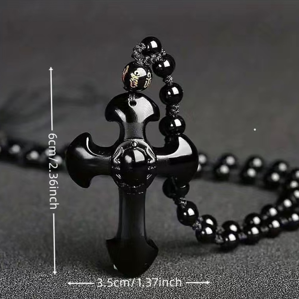 1pc Black Religious Christian Cross Fashion Obsidian Style Pendant Necklace - Picture 10 of 15